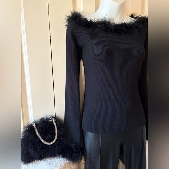 NWOT, Elegant Black Sweater with Feather Trim, slightly off shoulder, by Cato - Picture 4 of 9